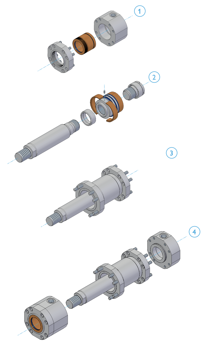 Illustrated assembly procedure for an ISO 6022 hydraulic cylinder KIT — heavy-duty DP series